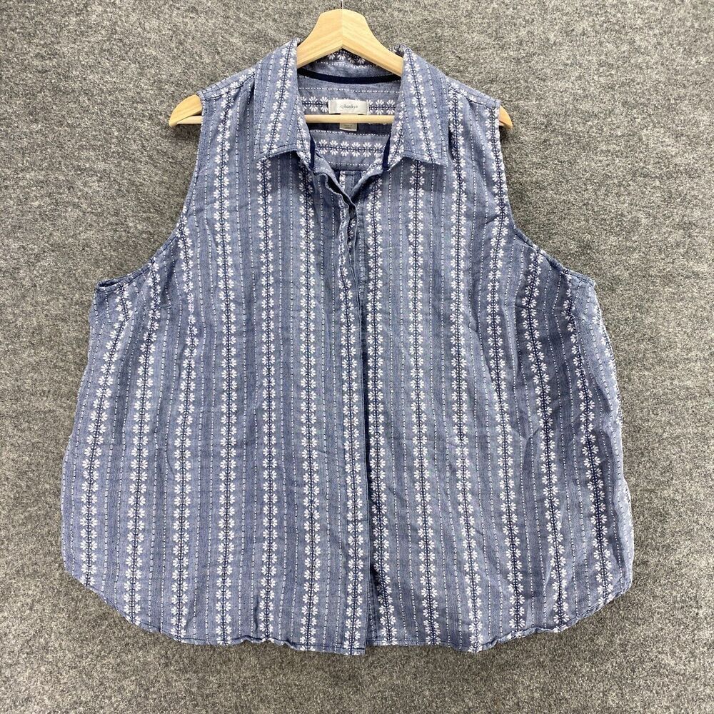 5/$45 CJ Banks Shirt Women 3X Plus Gray Striped Button Up Sleeveless Cotton